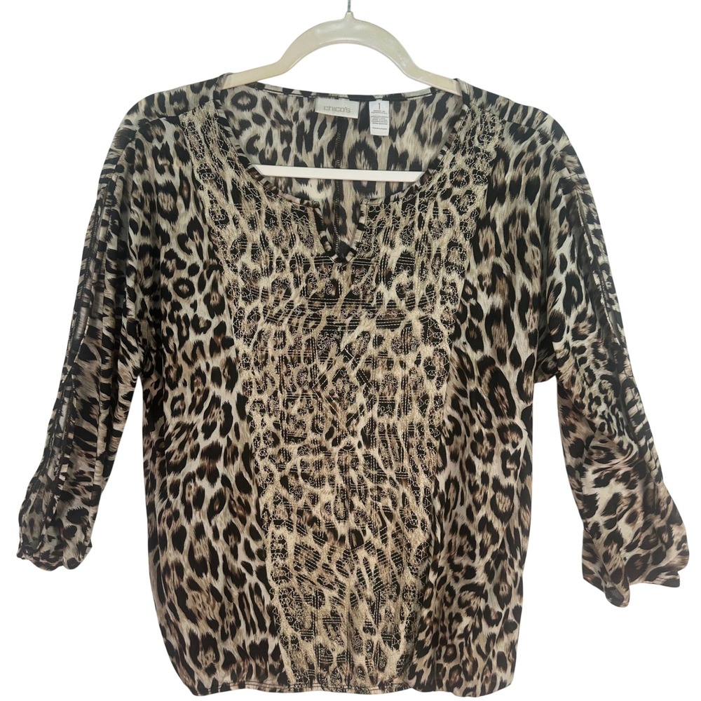 Chico's Blouse Women M size 8 Brown Leopard Print V-Neck Cold Shoulder - Picture 1 of 9